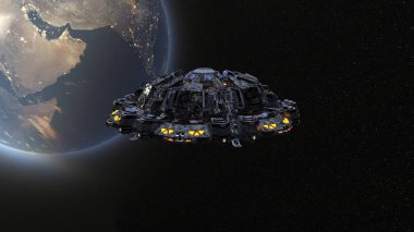 Dünya ve UFO 'nun 3D canlandırması.