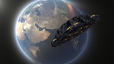 Dünya ve UFO 'nun 3D canlandırması.