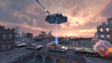 UFO 'nun saldırısına uğrayan şehirlerin 3D görüntülenmesi.