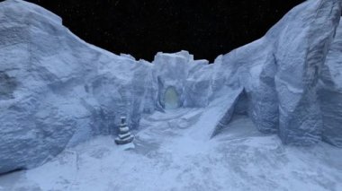 Karla kaplı kalenin girişinin 3 boyutlu görüntüsü.