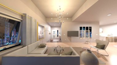 Oturma odasının gece görüşlü 3D görüntüsü