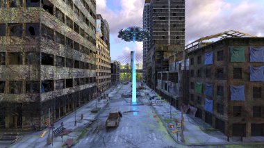 UFO 'nun saldırısına uğrayan şehirlerin 3D görüntülenmesi.