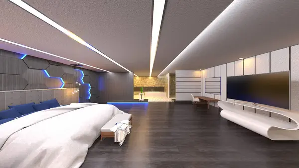 3D rendering of the bedroom with night view