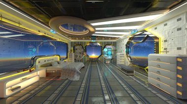 Uzay gemisindeki yatak odasının 3 boyutlu yansıması