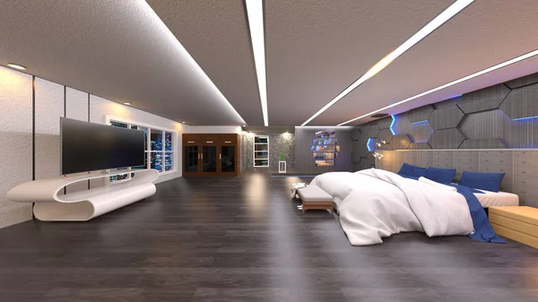 3D rendering of the bedroom with night view