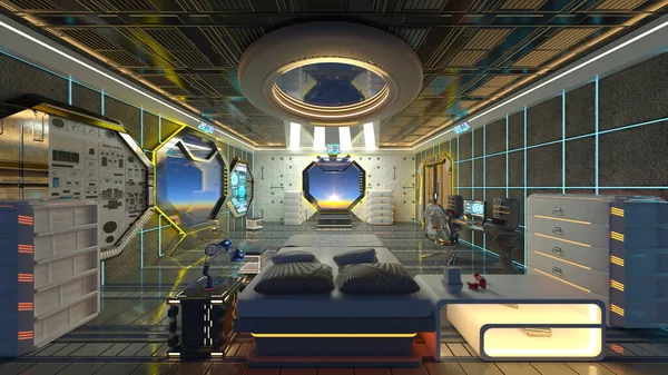 3D rendering of the bedroom in the space ship