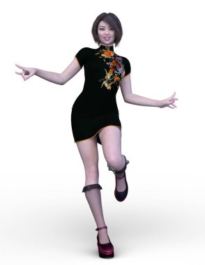 Mini etekli bir kadının 3 boyutlu görüntüsü