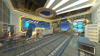 Uzay gemisindeki yatak odasının 3 boyutlu yansıması