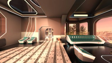 Dağ manzaralı oturma odasının 3 boyutlu görüntüsü