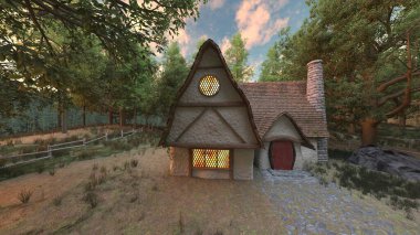 Ormanda üçgen çatılı bir evin 3 boyutlu çizimi