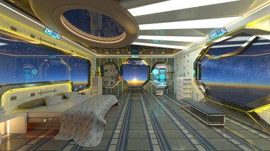 Uzay gemisindeki yatak odasının 3 boyutlu yansıması