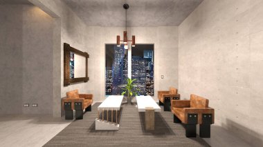 Oturma odasının gece görüşlü 3D görüntüsü