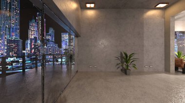 Oturma odasının gece görüşlü 3D görüntüsü