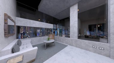 Oturma odasının gece görüşlü 3D görüntüsü