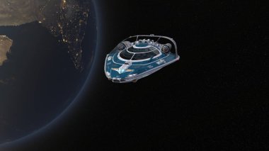 3D rendering of a spaceship and the Earth