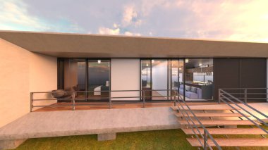 Büyük pencereli oturma odasının 3B görüntüsü