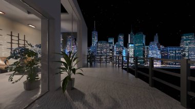 Oturma odasının gece görüşlü 3D görüntüsü