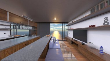 Büyük pencereli oturma odasının 3B görüntüsü