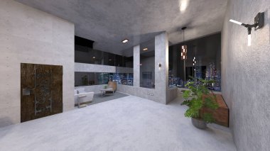 Oturma odasının gece görüşlü 3D görüntüsü