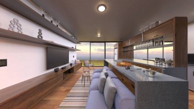 Büyük pencereli oturma odasının 3B görüntüsü