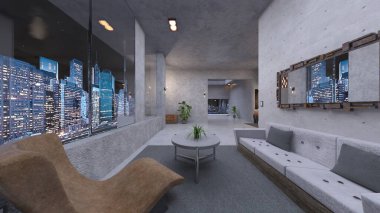 Oturma odasının gece görüşlü 3D görüntüsü