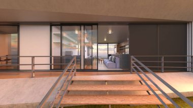 Büyük pencereli oturma odasının 3B görüntüsü