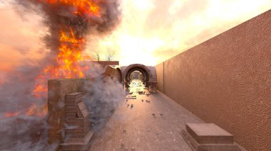 Taş duvarın 3D görüntüsü saldırı altında.