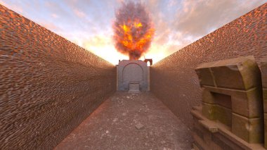 Taş duvarın 3D görüntüsü saldırı altında.