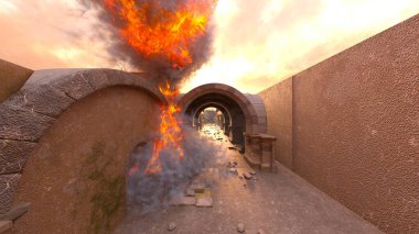 Taş duvarın 3D görüntüsü saldırı altında.