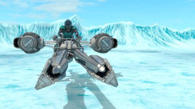 3D rendering of a cyber man riding the spaceship