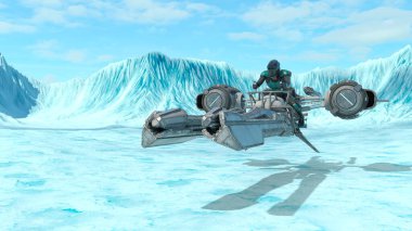 3D rendering of a cyber man riding the spaceship