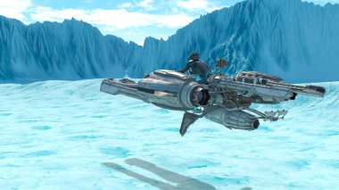 3D rendering of a cyber man riding the spaceship