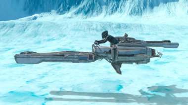 3D rendering of a cyber man riding the spaceship