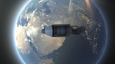 3D rendering of a spaceship and the Earth