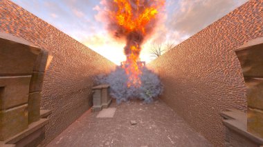 Taş duvarın 3D görüntüsü saldırı altında.