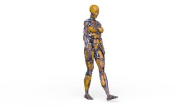 3D rendering of a female robot walking face down