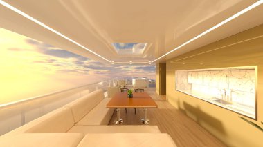 Oturma odasının deniz manzaralı 3D görüntüsü