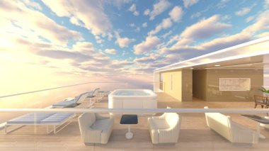 Oturma odasının deniz manzaralı 3D görüntüsü