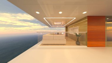 Oturma odasının deniz manzaralı 3D görüntüsü