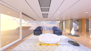 Oturma odasının deniz manzaralı 3D görüntüsü