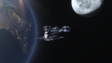 3D rendering of a spaceship and the Earth