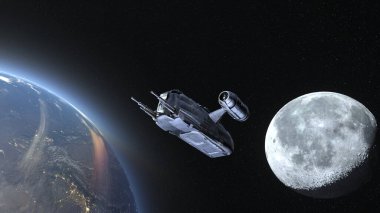3D rendering of a spaceship and the Earth