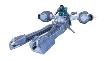 3D rendering of a cyber man riding the spaceship