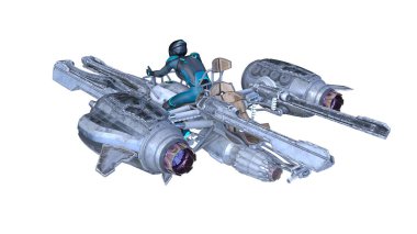 3D rendering of a cyber man riding the spaceship