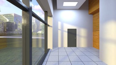 Koridorun 3 boyutlu görüntüsü ve güneş ışığı geliyor.