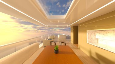 Büyük pencereli oturma odasının 3B görüntüsü