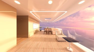 Büyük pencereli oturma odasının 3B görüntüsü