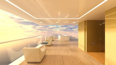 Büyük pencereli oturma odasının 3B görüntüsü