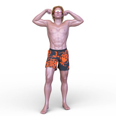 Yarı pantolonlu bir adamın 3 boyutlu görüntüsü.