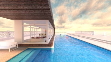 Çatıdaki yüzme havuzunun 3D görüntüsü